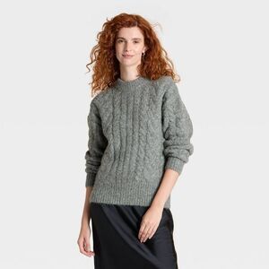Women's Long Sleeve Cabled Tunic Sweater - A New Day Heather Gray M